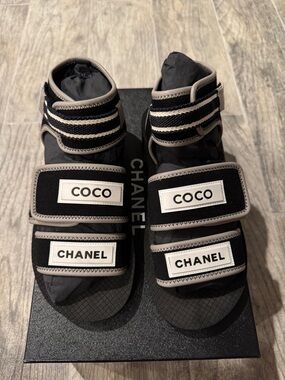 CHANEL Black and Gray women Velcro Strap Sandals with COCO Patch